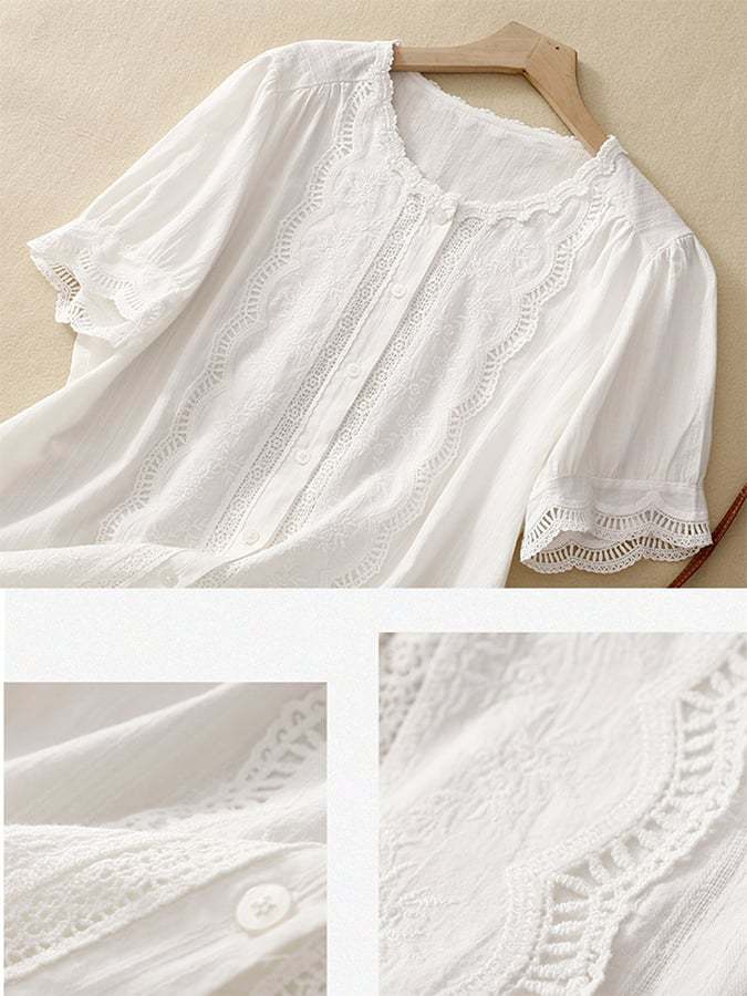 Solid Color Hollow Embroidery Lace Stitching Short-Sleeved Shirt
