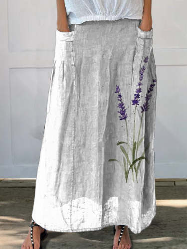 Watercolor Lavender Floral Printed Women's Linen Pocket Skirt