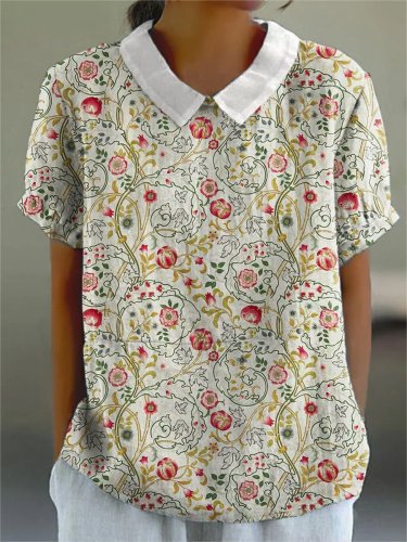 Women's Flower Art Print Casual Cotton And Linen Shirt