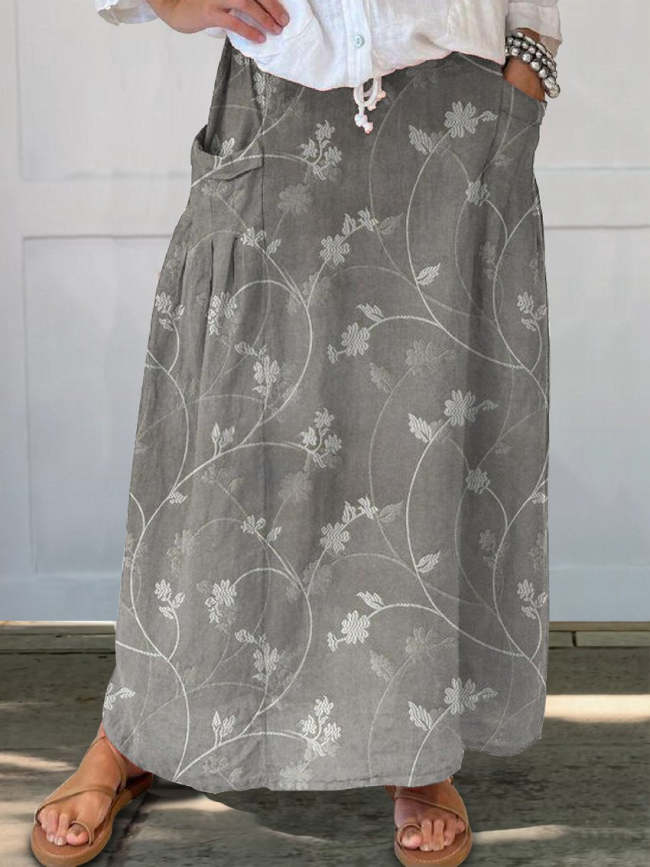 Women's Vintage Floral Art Linen Pocket Skirt