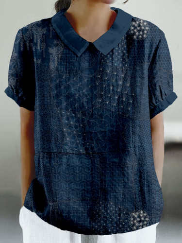 Japanese Traditional Sashiko Art Linen Blend Comfy Shirt