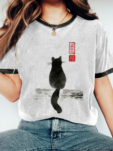 Japanese Cat Art Crew Neck Vintage Washed T Shirt
