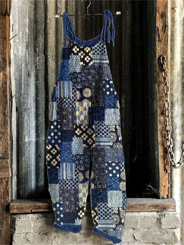Vintage Japanese Art Patchwork Linen Blend Jumpsuit
