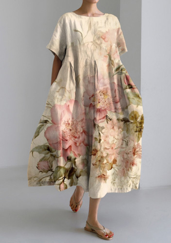 Vintage Chic Floral Short Sleeve Midi Dress