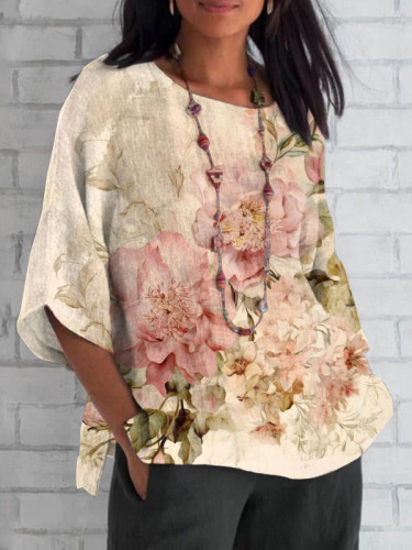 Retro Chic Floral Print Loose Round Neck Mid-sleeve Top
