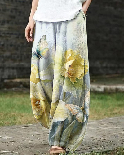 Vintage Chic Daffodil Butterfly Print Loose Pants