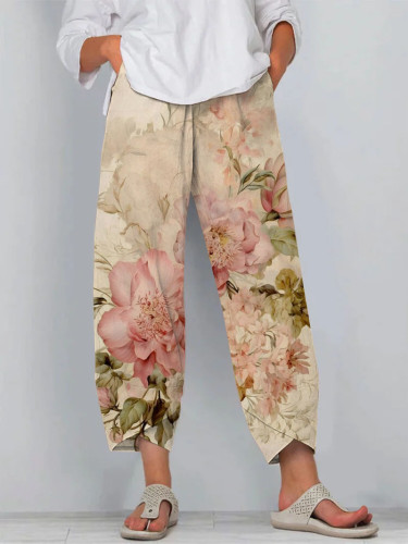 Retro Chic Floral Print Cropped Casual Pants