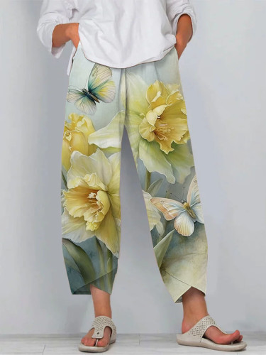 Vintage Chic Narcissus Butterfly Print Cropped Pants