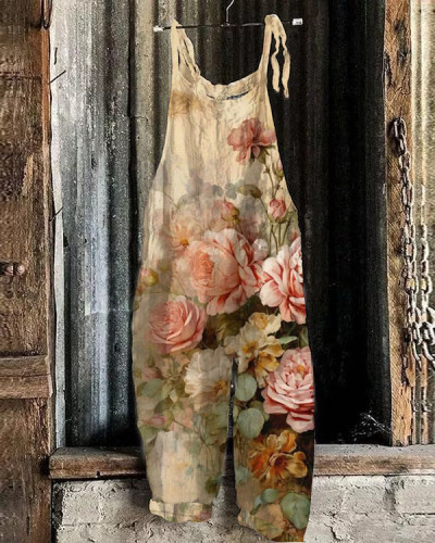 Retro Chic Old Floral Print Loose Jumpsuit
