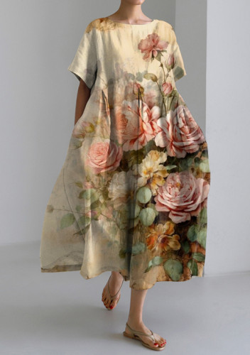 Retro Chic Old Floral Print Short Sleeve Midi Dress