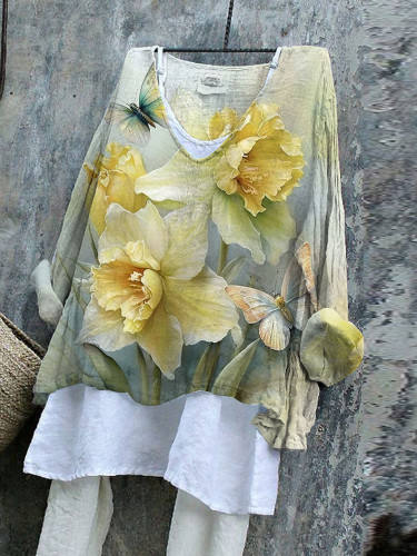 Vintage Narcissus Butterfly Print V-neck Long-sleeved Top
