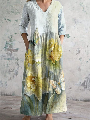 Vintage Chic Daffodil Butterfly Print V-Neck Long Sleeve Midi Dress