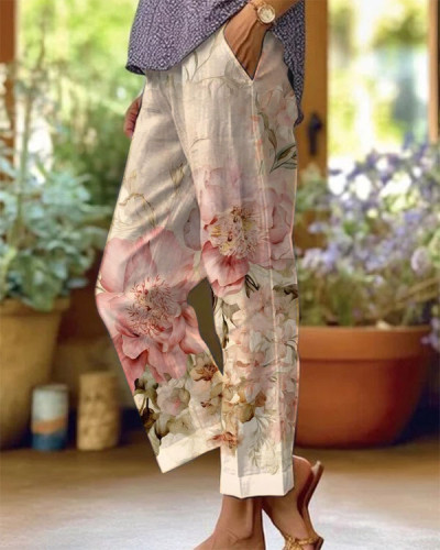 Retro Chic Floral Print Pocket Casual Pants