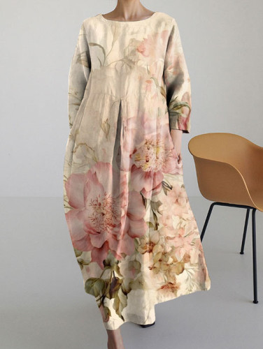 Vintage Chic Floral Long Sleeve Midi Dress