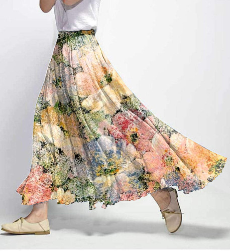 Vintage Floral Print Elastic Waist Skirt