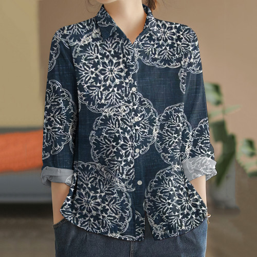 Ethnic Geometric Flower Print Long Sleeve Shirt