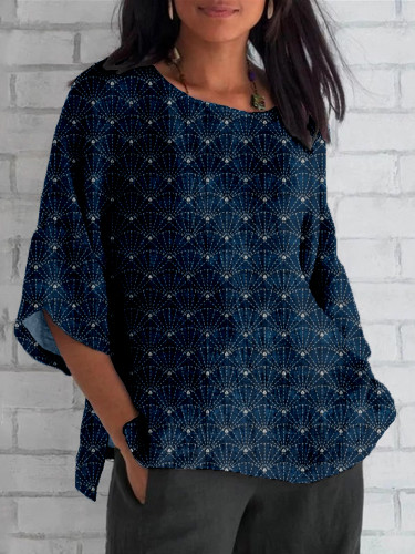 Japanese Sashiko Uchiwa Art Linen Blend Cozy Tunic