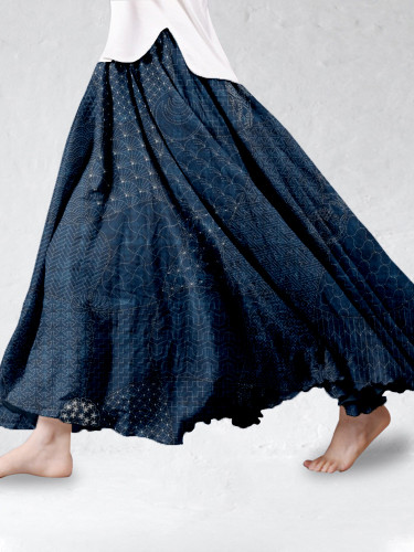 Japanese Traditional Sashiko Art Linen Blend Flowy Wide Skirt