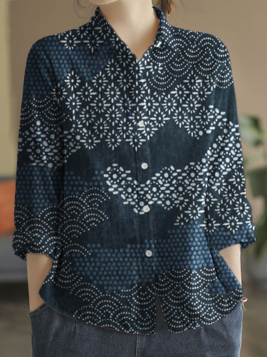 Sea Waves Japanese Traditional Pattern Linen Blend Blouse