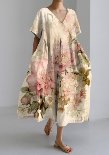 Vintage Chic Floral Print V-neck Short-sleeved Midi Dress