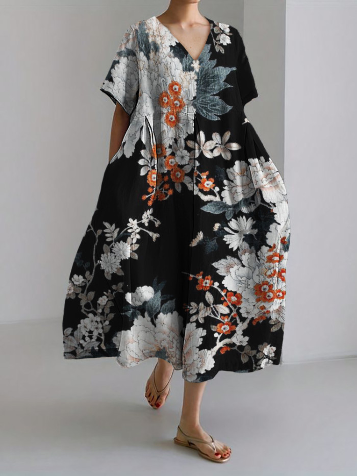 Japanese Floral Art Linen Blend Maxi Dress