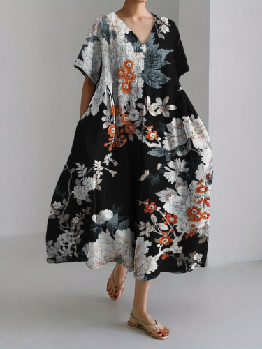 Japanese Floral Art Linen Blend Maxi Dress