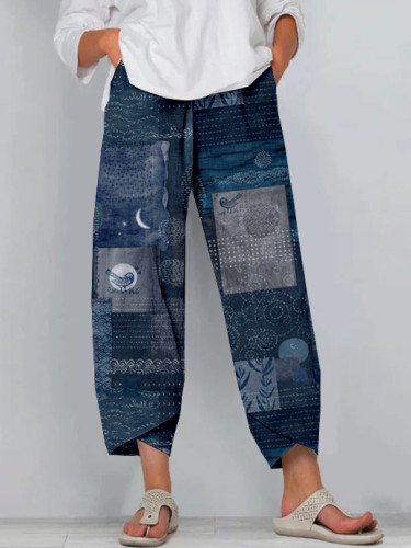 Japanese Sashiko Patchwork Patterns Cropped Casual Pants