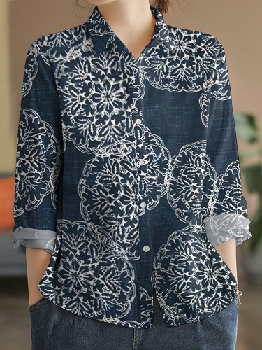 Ethnic Geometric Flower Print Long Sleeve Shirt