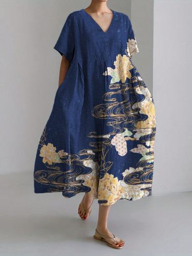 Dreamy Flowers Japanese Art Linen Blend Maxi Dress