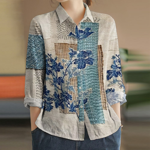 Embroidered Flower Art Print Long Sleeve Shirt