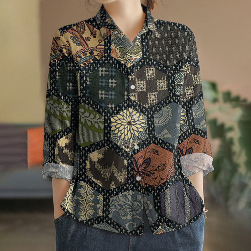 Vintage Geometric Flower Print Long-Sleeved Casual Shirt