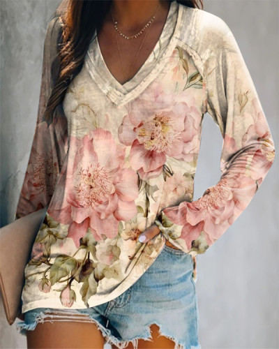 Retro Chic Floral Print Long Sleeve Double V-neck Top