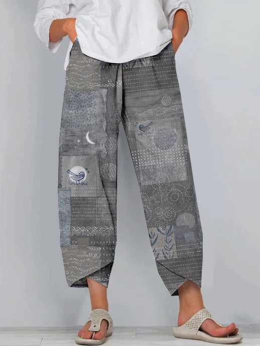 Japanese Sashiko Patchwork Patterns Cropped Casual Pants