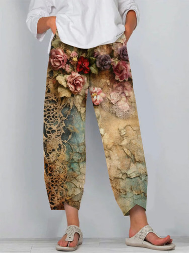 Retro Floral Print Cropped Casual Pants