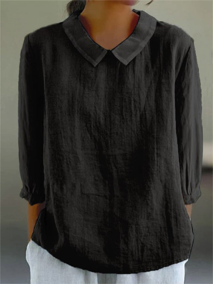Women's Solid Color Casual Cotton And Linen 3/4 Sleeve Shirt