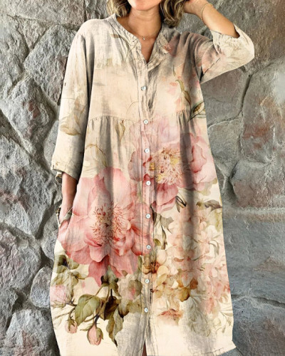 Vintage Chic Floral Print Mid-length Shirt Dress