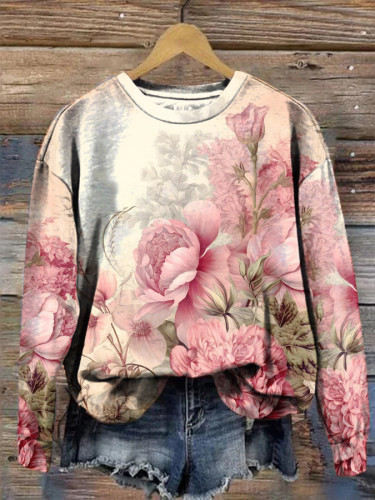 Vintage Chic Pink Floral Print Crew Collar Long-sleeved Sweatshirt