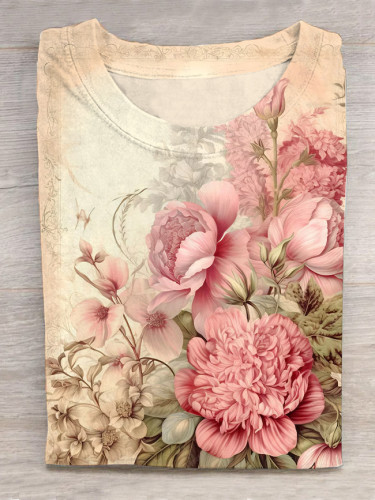 Vintage Chic Pink Floral Print Short-sleeved T-shirt