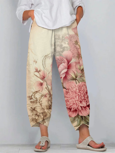 Retro Chic Floral Print Cropped Casual Pants