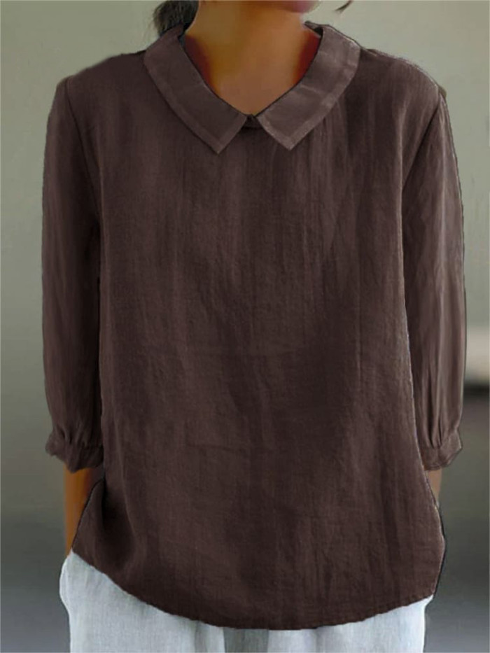 Women's Solid Color Casual Cotton And Linen 3/4 Sleeve Shirt