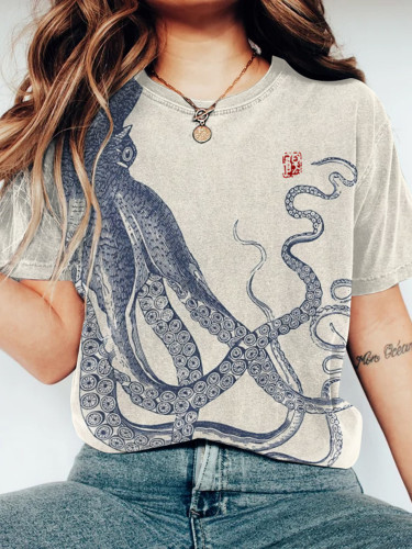 Retro Japanese Art Octopus Print Crew Neck Short Sleeved Casual T-Shirt