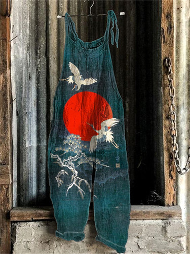 Cranes & Sunrise Japanese Art  Print Linen Blend Casual Jumpsuit