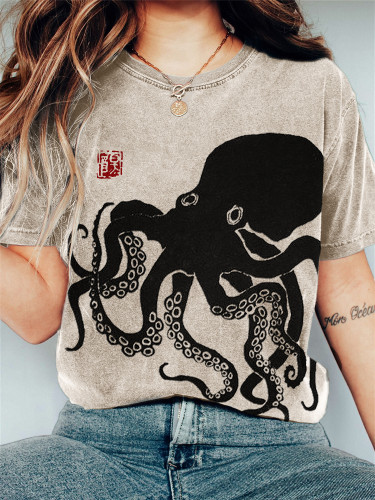 Octopus Japanese Lino Art Vintage T Shirt