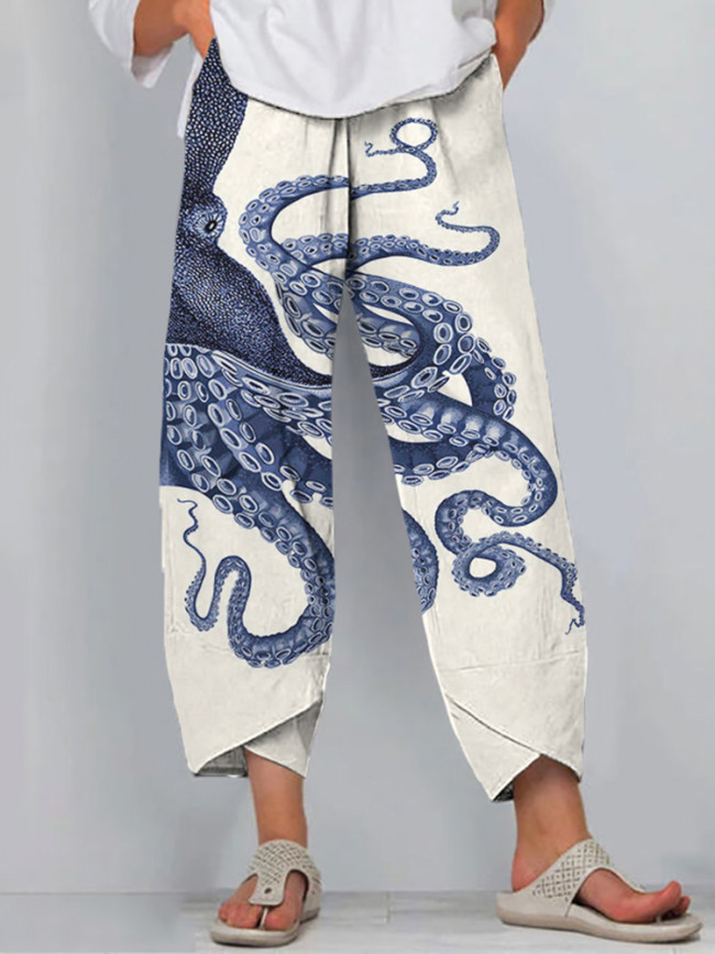 Japanese Art Octopus Print Casual Pants