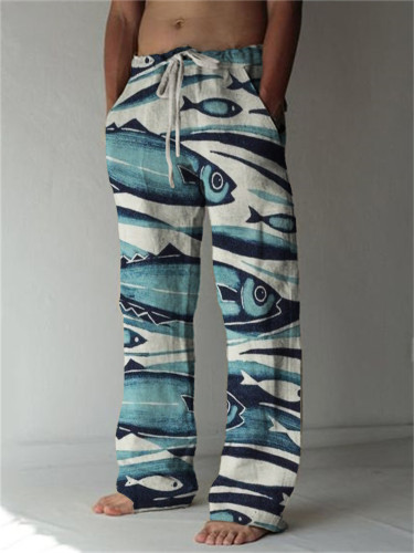 Cluster of Fish Sea Waves Lino Art Linen Blend Pants