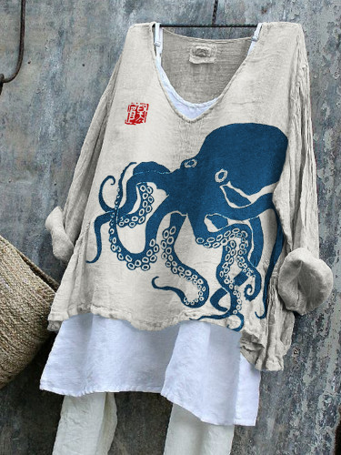 Octopus Japanese Lino Art Flowy Linen Blend Tunic