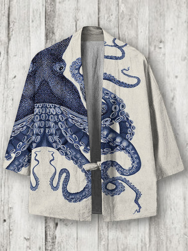 Japanese Art Octopus Graphic Printed Linen Blend Kimono