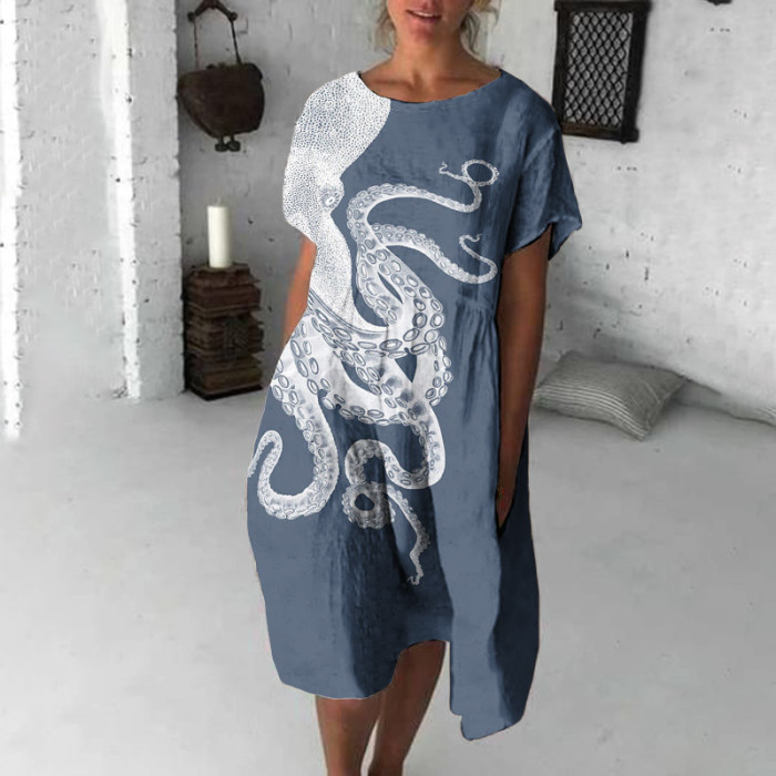 Japanese Art Octopus Print Crew Neck Loose Midi Dress
