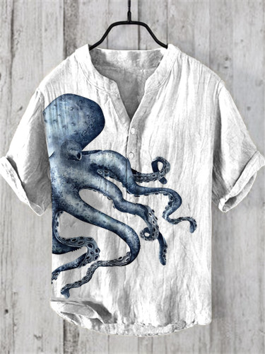 Japanese Octopus Retro Art Print V-Neck Short Sleeved Shirt