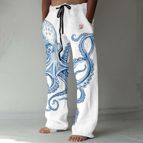 Vintage Japanese Art Octopus Print Casual Linen Blend Pants